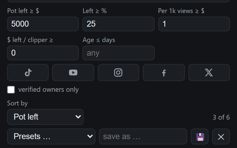 Filter fields for pot left, percent left, dollars per 1k views, dollars per clipper, age and platform buttons